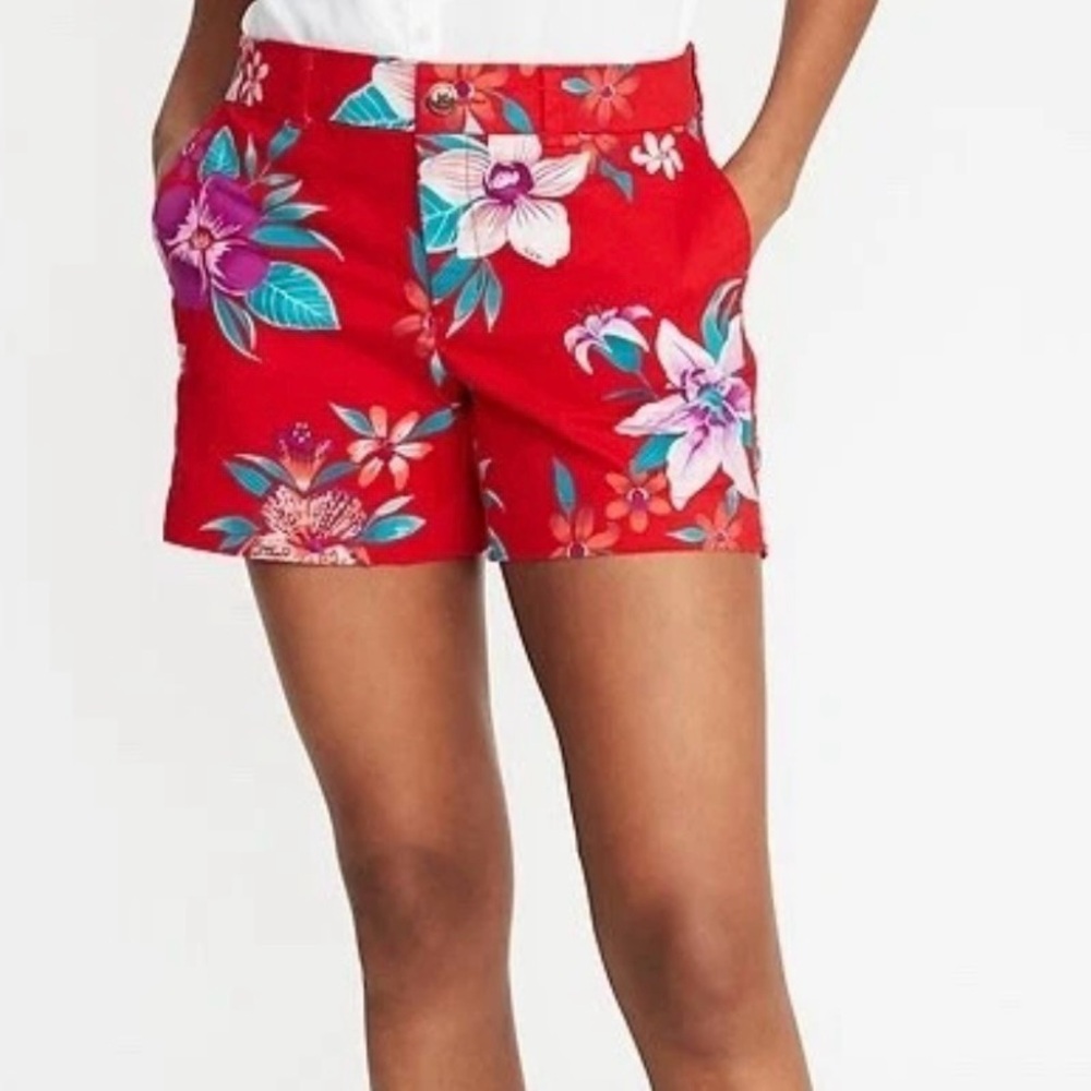 Old Navy Tropical Floral Everyday Chino Shorts Red Print Size 12